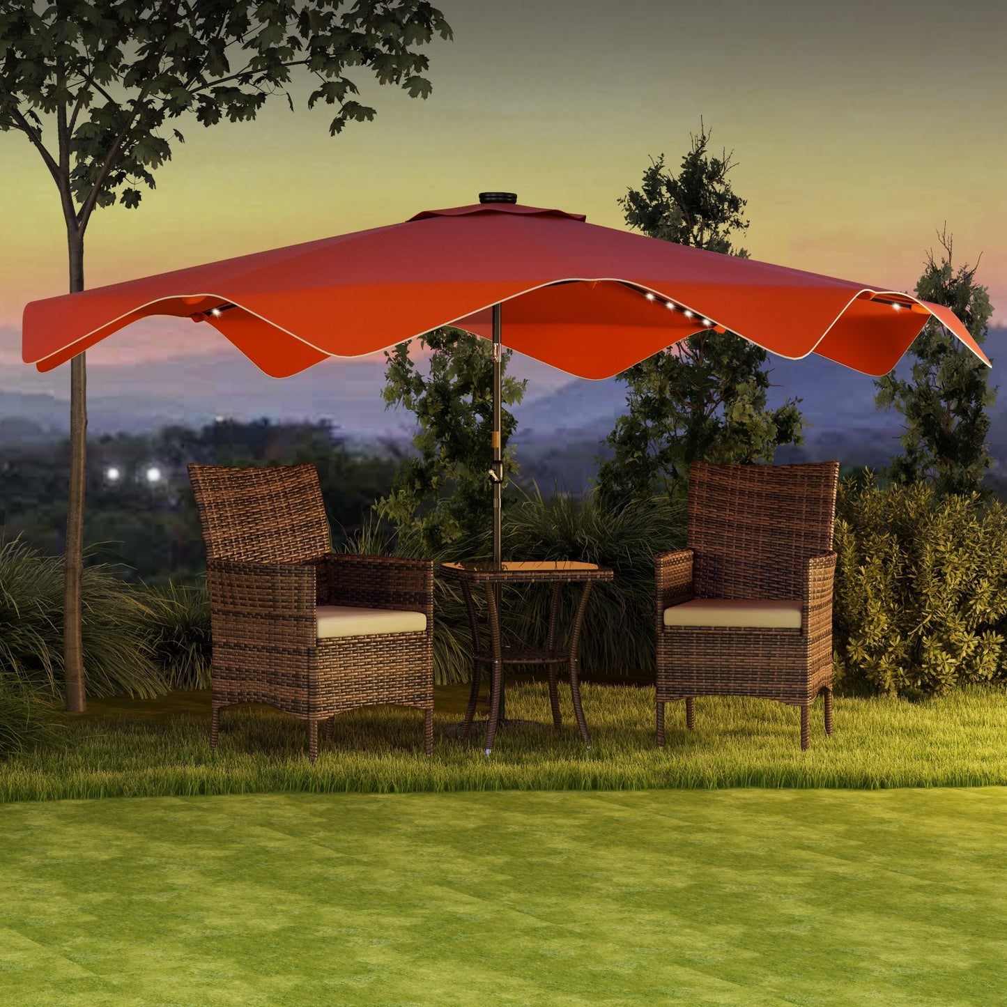 Parasol tarasowy solarny Outsunny z diodami LED i funkcją pochylania, parasol ogrodowy z korbą, 3 x 3 (m), pomarańczowy