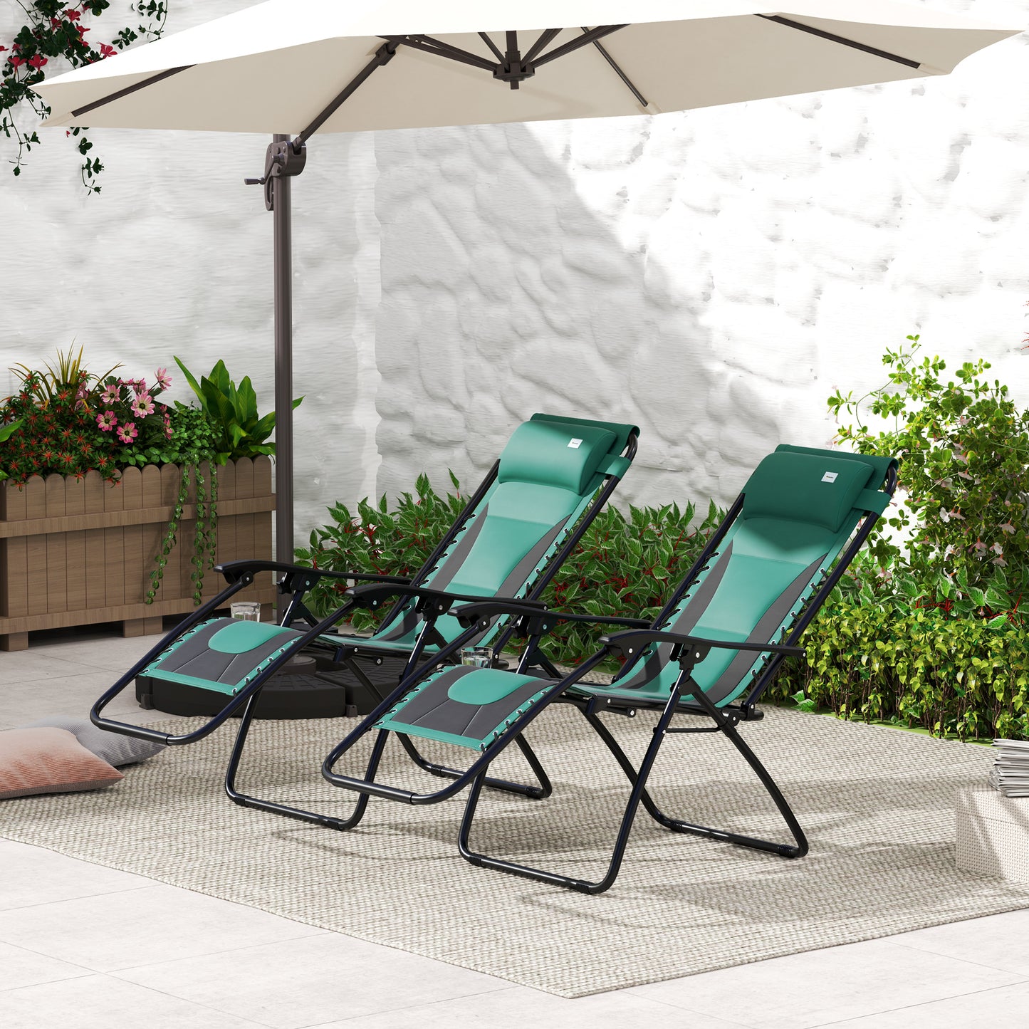 Outsunny Zero Gravity Lounger Chair Set of 2, składany rozkładany fotel ogrodowy z wyściełanym siedziskiem, uchwytem na kubek, miękką poduszką i zagłówkiem do użytku przy basenie, kempingowy, zielony