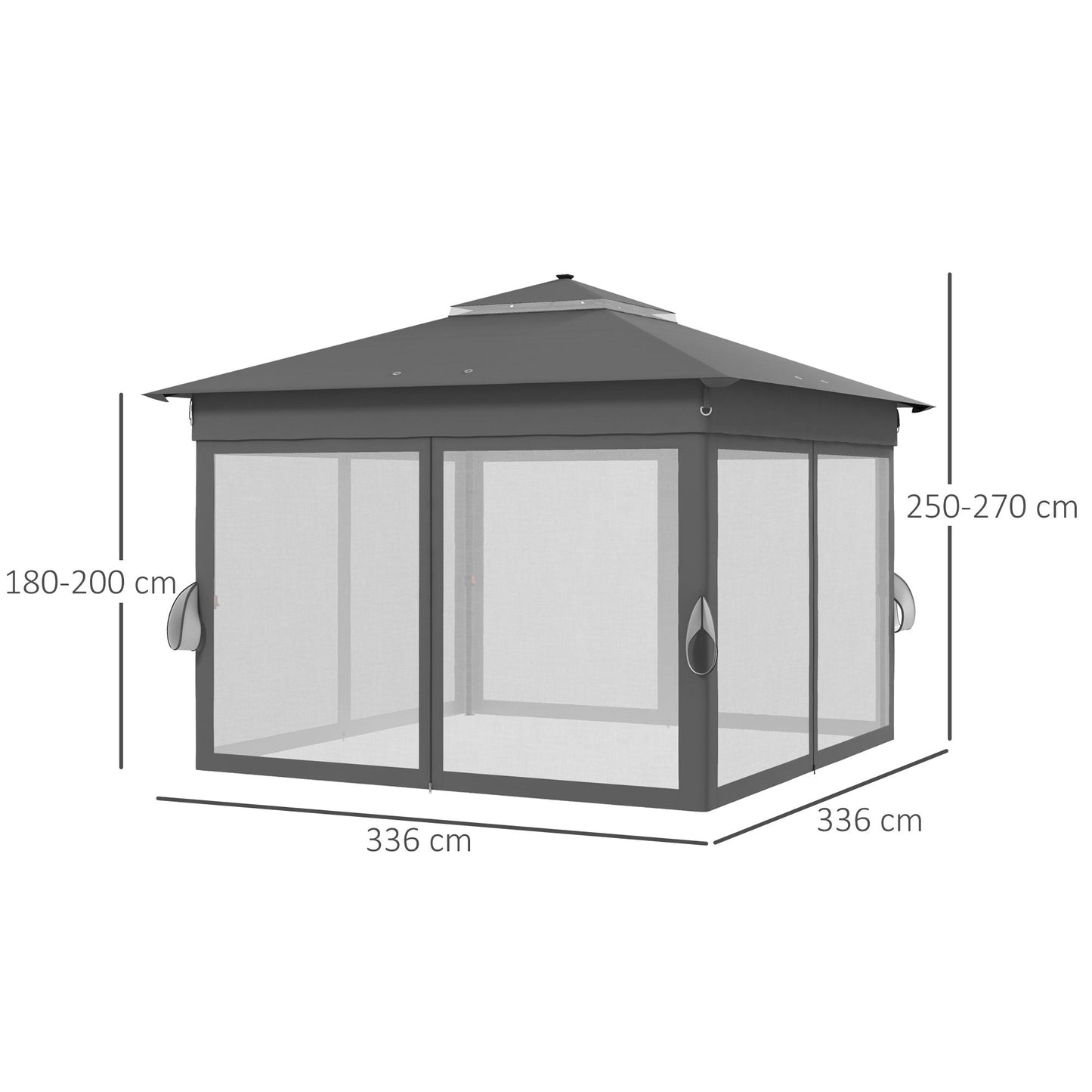 Namiot imprezowy Outsunny 3 x 3(m) z rozkładanym dachem i oświetleniem LED zasilanym energią słoneczną, regulowanym zadaszeniem na imprezy z siatką, szary