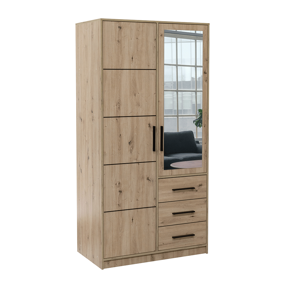 Oak Artisan Mirrored Hinged Door Wardrobe 100cm – TELFORD D2