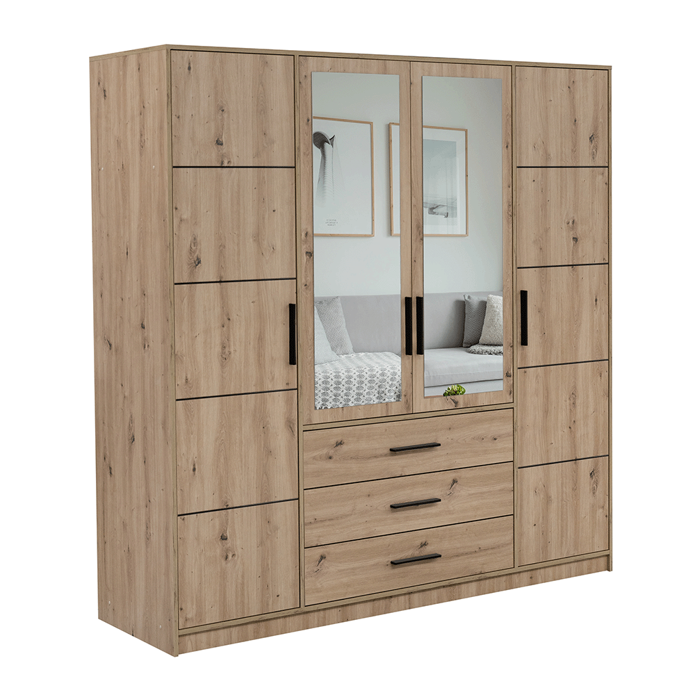 Oak Artisan Mirrored Hinged Door Wardrobe 196cm – TELFORD D4
