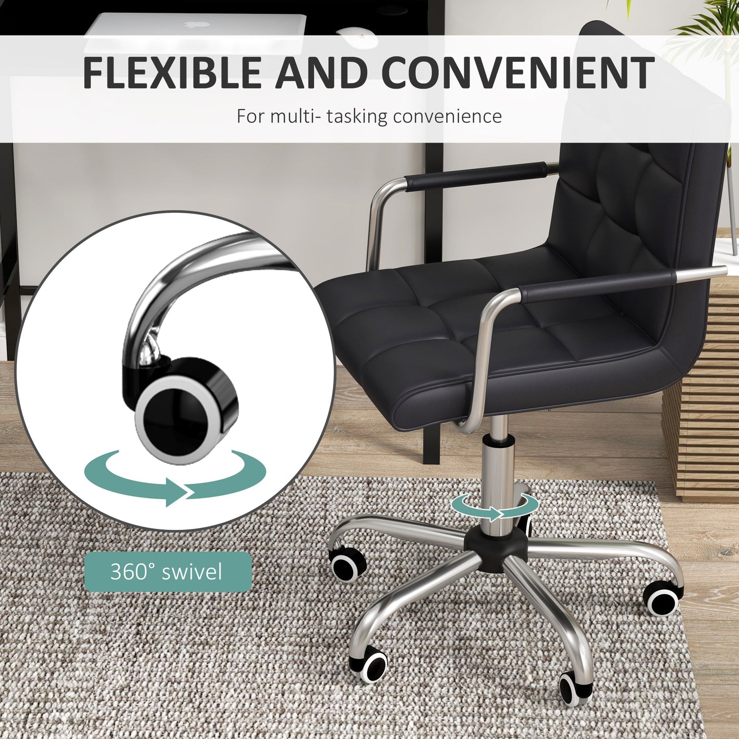 Zestaw HOMCOM Home Office Chair i Computer Desk, Fotel biurowy ze sztucznej skóry z kółkami obrotowymi, Biurko do nauki z półką do przechowywania, Czarny