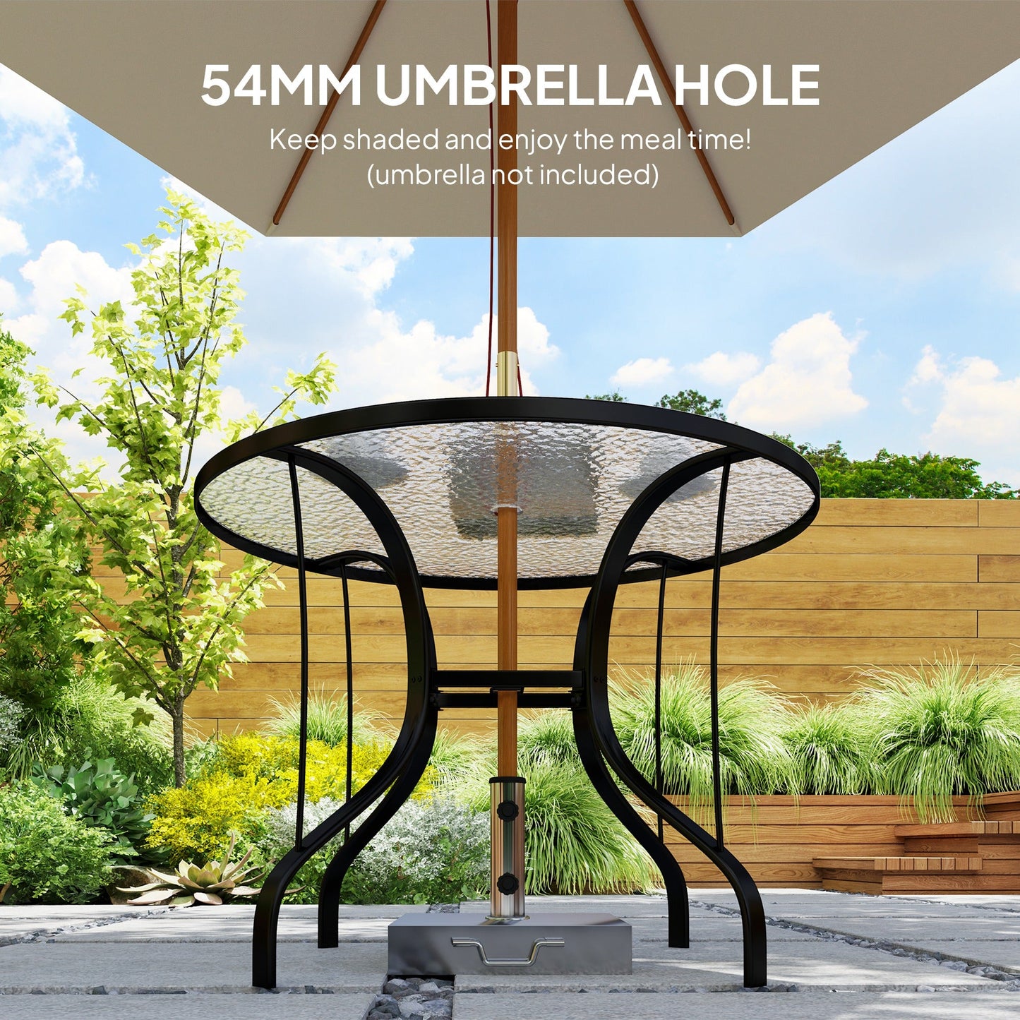Outsunny Tempered Glass Top Round Outdoor Dining Table with Parasol Hole, 96.5 x 96.5 x 71 cm