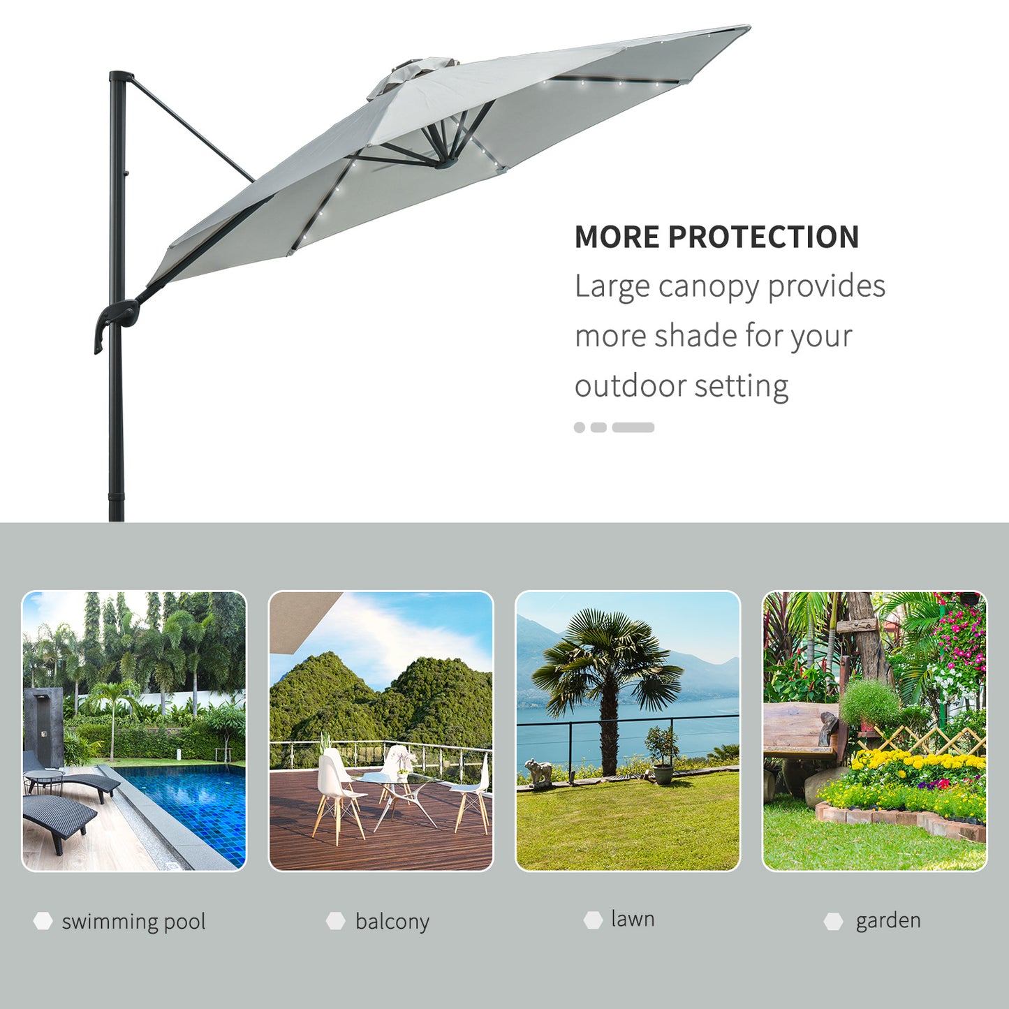 Outsunny 3(m) LED Cantilever Parasol ogrodowy z podstawą krzyżową i lampami solarnymi Szary