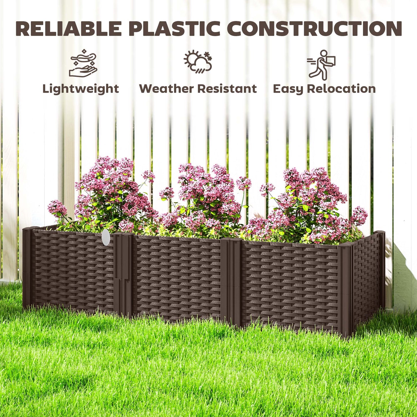 Outsunny Plastikowe podwyższone łóżko ogrodowe, modułowy zestaw skrzynek na rośliny, obrzeże ogrodzenia ogrodowego do kwiatów, warzyw, ziół, brązowe
