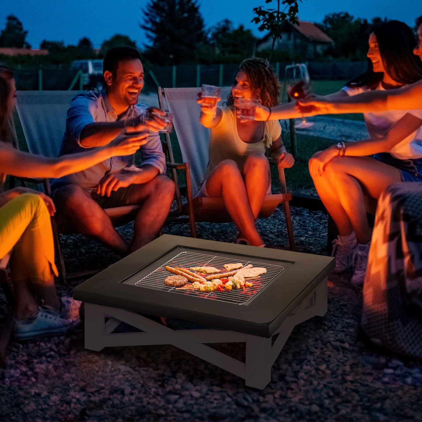 Outsunny Outdoor 3 in 1 Square Fire Pit Brazier with BBQ Grill, Metal Large Firepit with Lid, Log Grate, Poker for Backyard, Camping, Bonfire, Wood Burning Stove, 86 x 86 x 38cm, Black