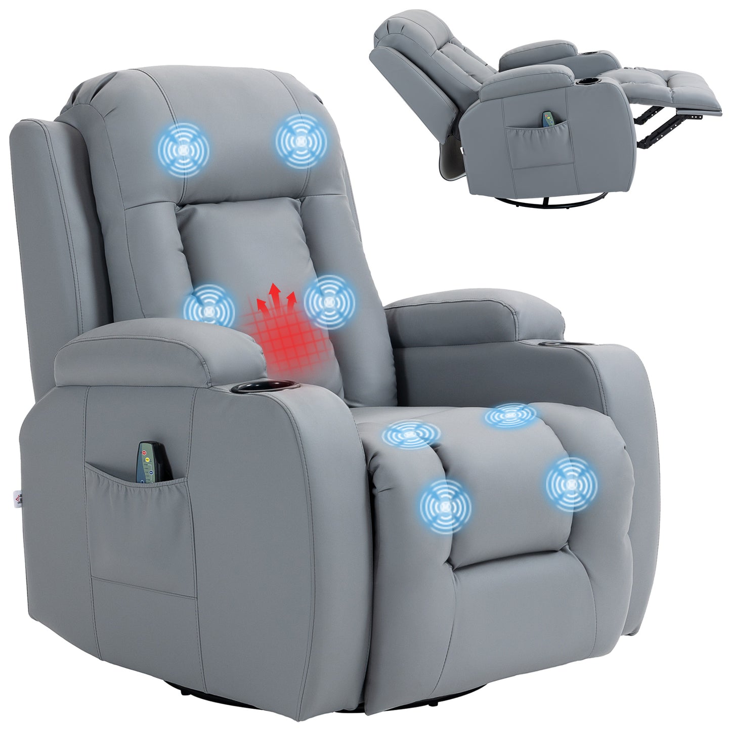 HOMCOM Massage Recliner Chair with 8 Vibration & Heat, PU Leather Recliner Armchair with Cup Holders and Side Pockets, Manual Reclining Chair with Remote, 360° Swivel, Rocking, Light Grey
