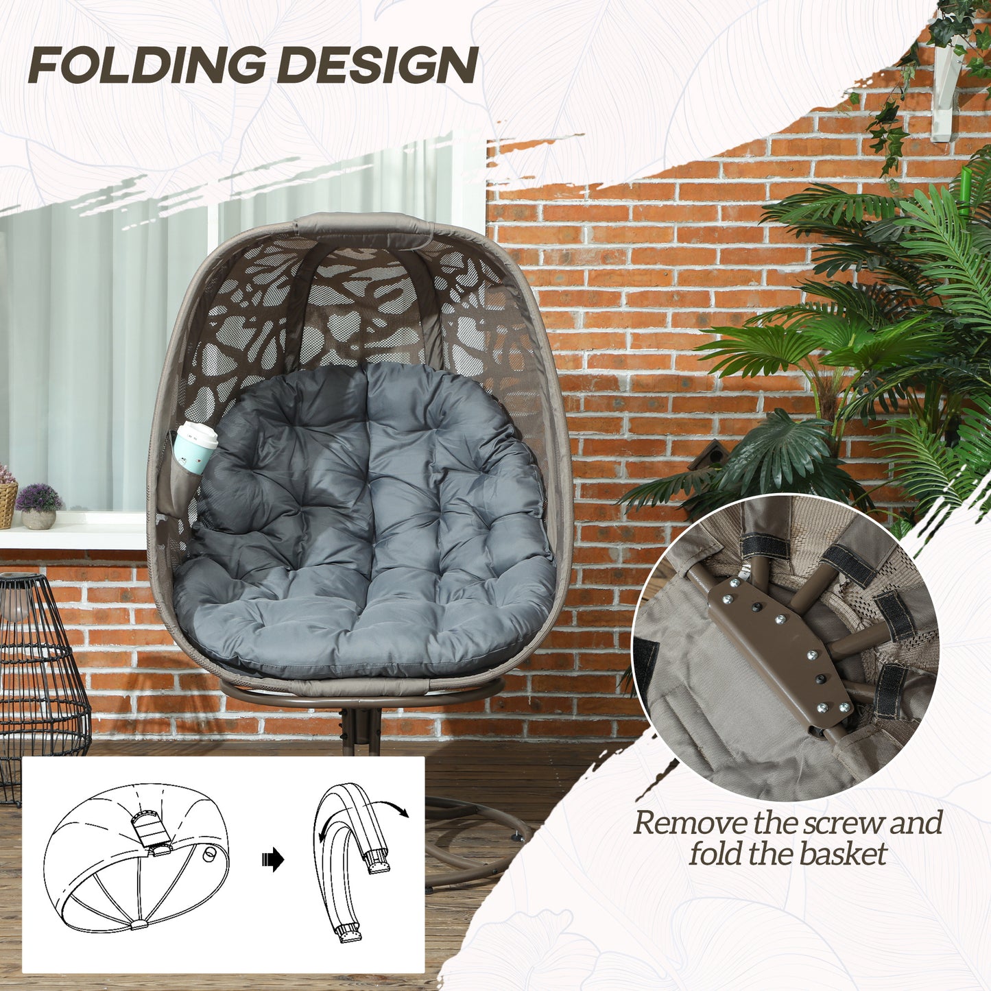 Outsunny Obrotowy fotel Egg z poduszkami, składane siedzisko koszowe i metalowa rama, fotel wypoczynkowy do wewnątrz i na zewnątrz na balkon, patio i do salonu, szary
