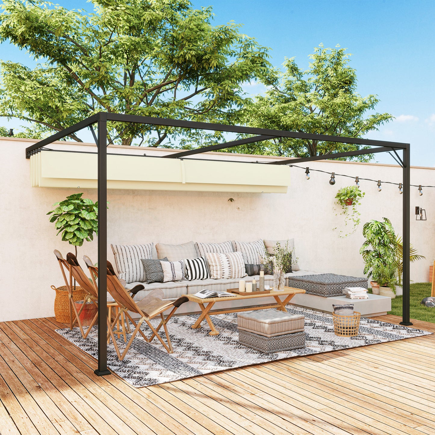Outsunny 4 x 3(m) Pergola zewnętrzna z chowanym baldachimem, montowana na ścianie, zadaszenie tarasu, osłona przeciwsłoneczna, kremowo-biała