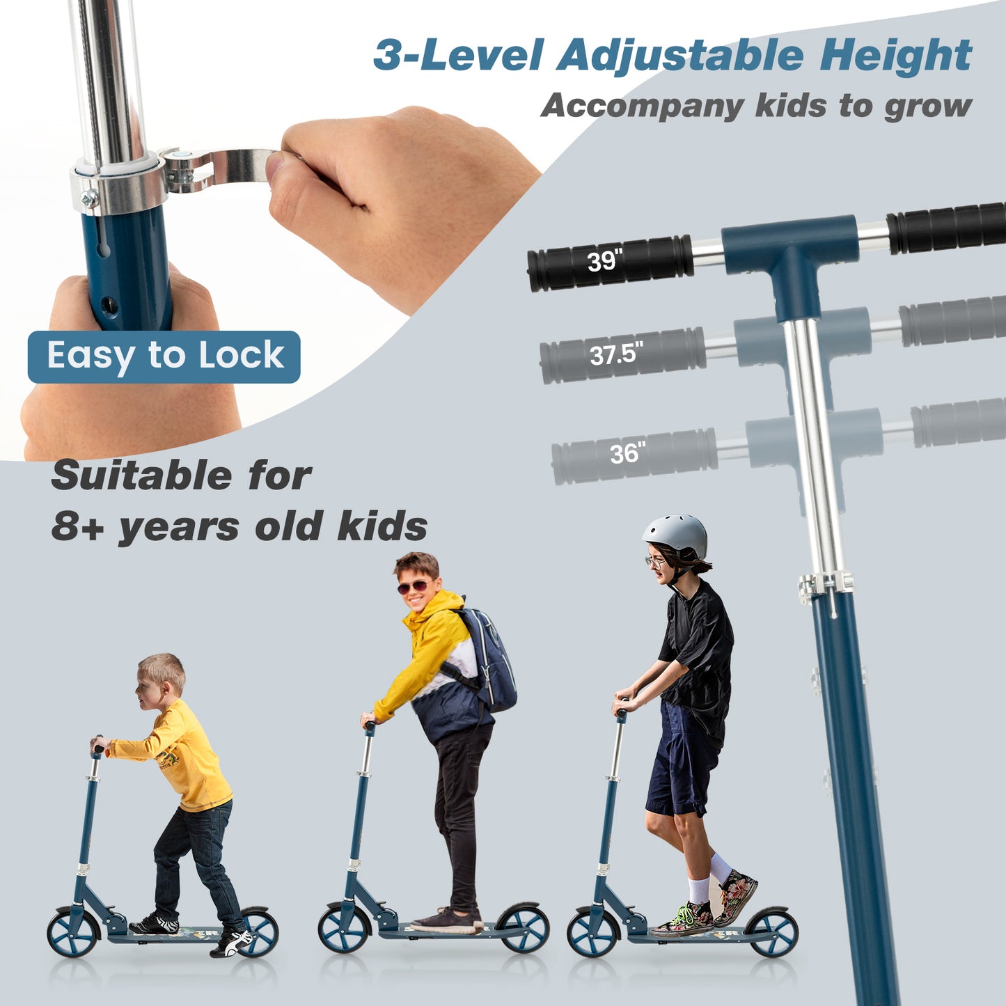 Kick Scooter with adjustable heights for Teens and Adults -Blue