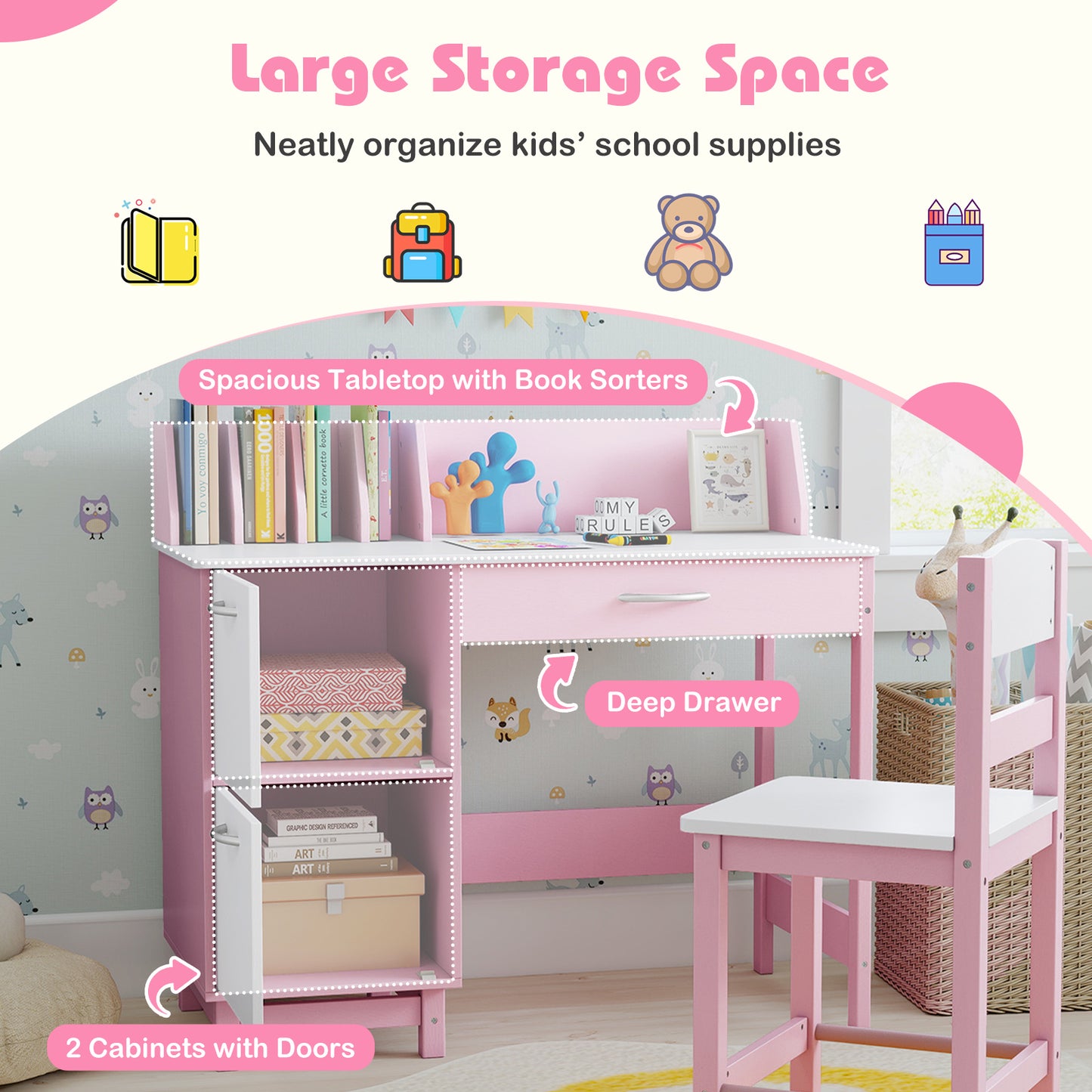 Kid's Study Desk and Chair Set with Deep Drawer and Enclosed Cabinets-Pink