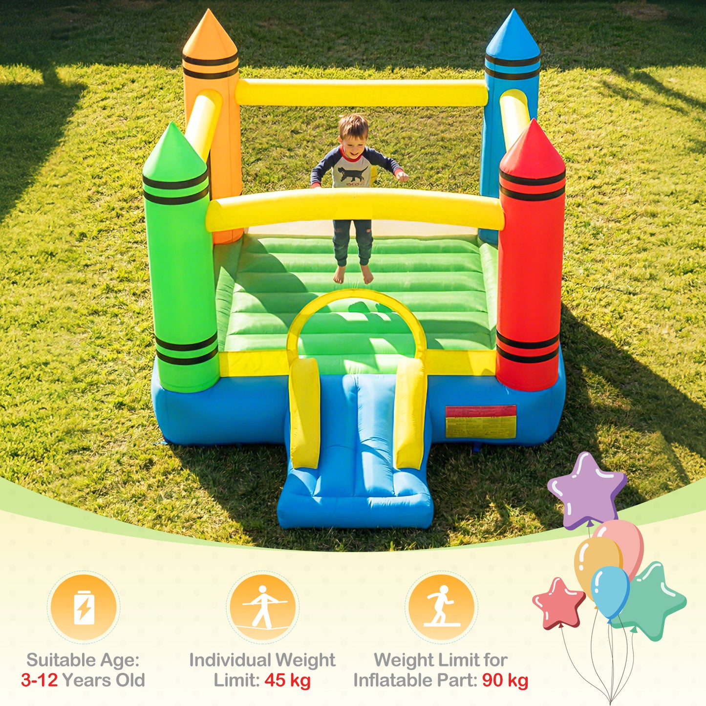 Kids 2-in-1 Crayon Themed Inflatable Bounce House with Slide (without Blower)