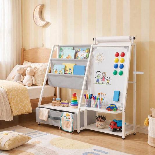 Kids Art Easel with Toy Organizer Magnetic Whiteboard Paper Roll and Storage Room-White+Gray