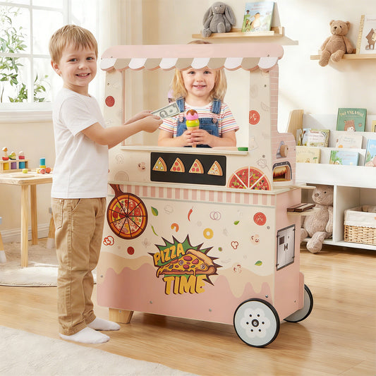 Kids Pizza Food Truck Wooden Pretend Play Snack Cart with Oven-Pink