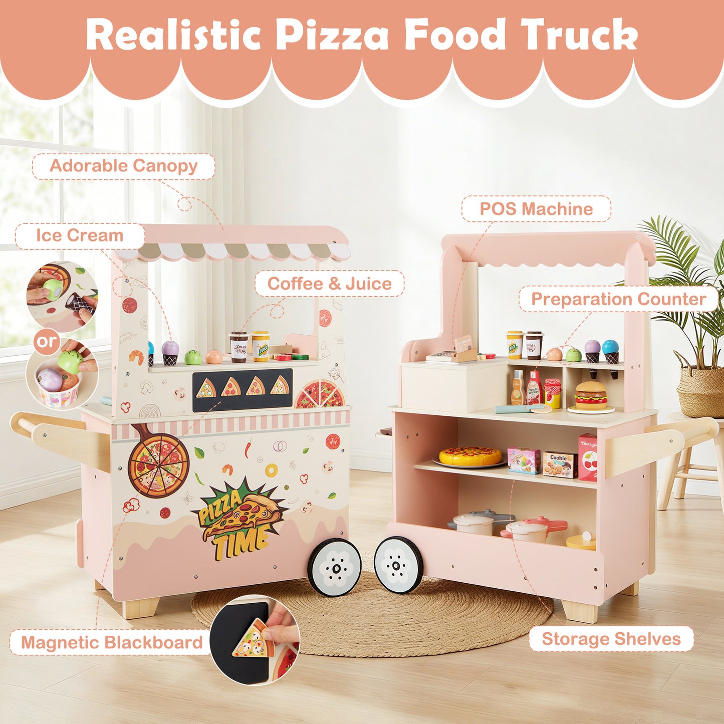 Kids Pizza Food Truck Wooden Pretend Play Snack Cart with Oven-Pink