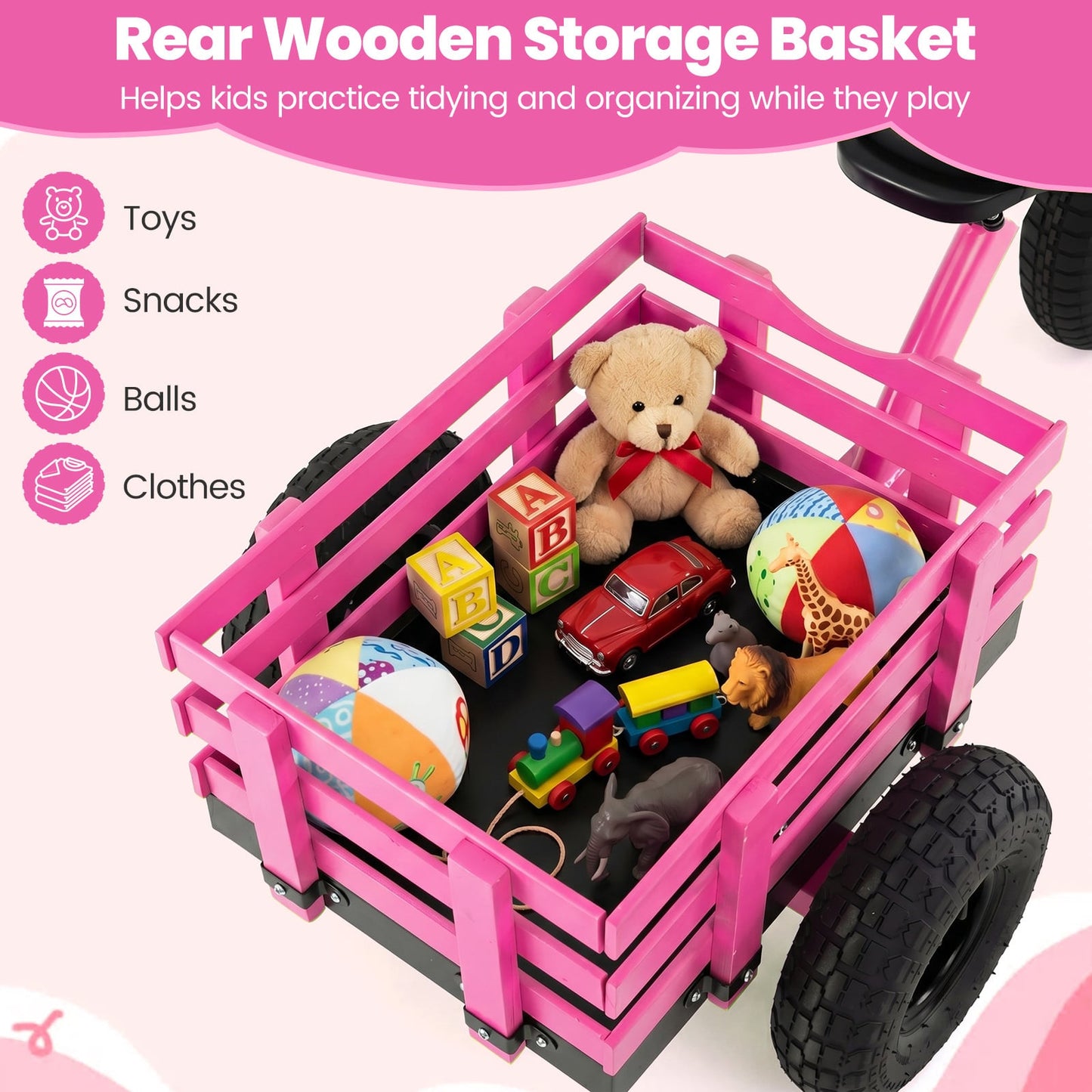 Kids Tricycle with Storage Basket and Inflatable Tires for Boys Girls Ages 3+-Pink