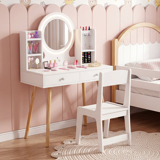 Kids Vanity Set with Lights Princess Vanity Desk Set with LED Lighted Mirror Storage Shelves-White