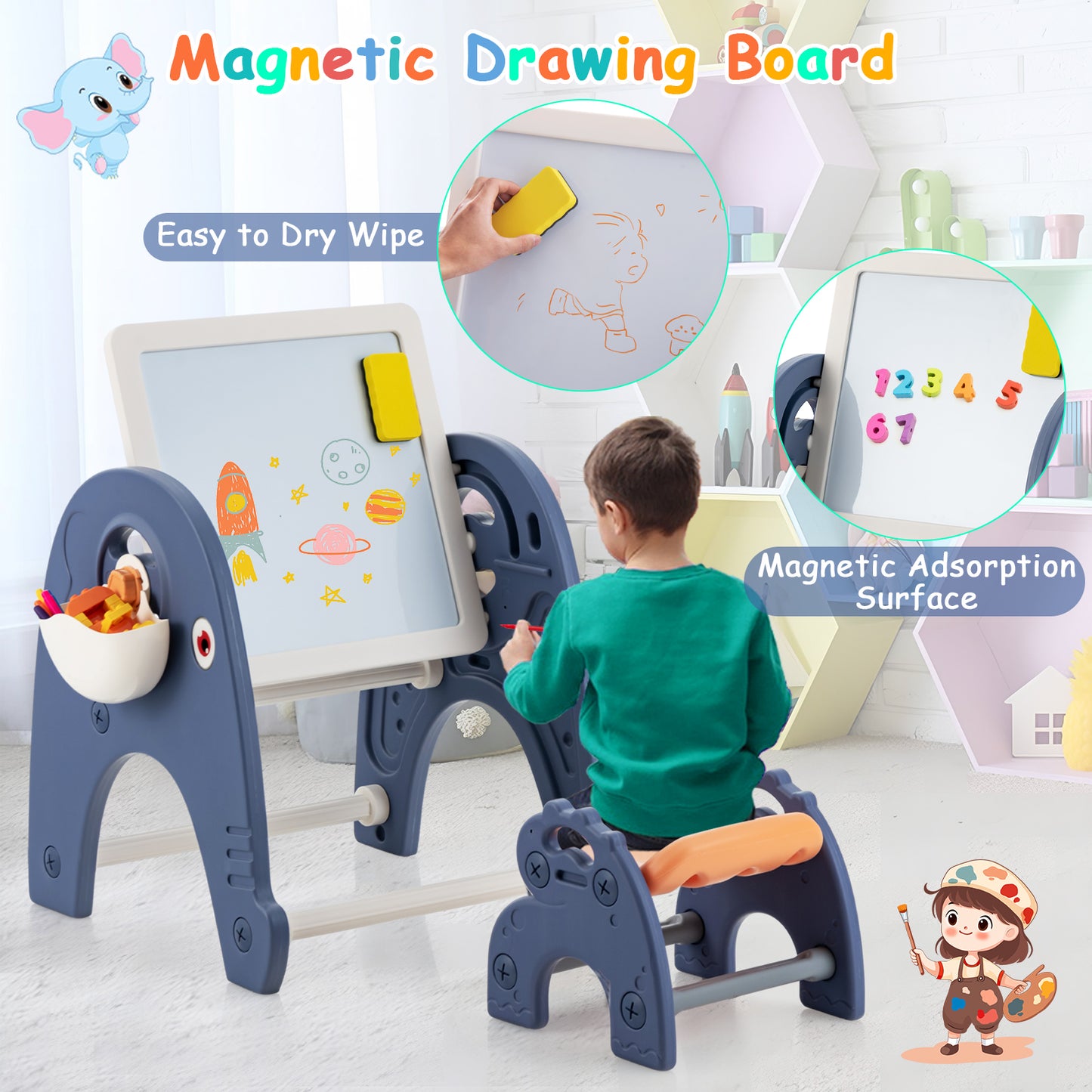 Kids Art Easel and Stool Set for Painting Learning Reading