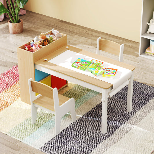 Kids Art Table and Chairs Set with Paper Roll and Storage Shelves-Colourful