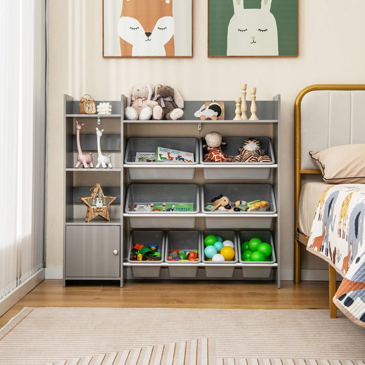 Kids Bookshelf Toy Storage Organizer with Storage Boxes and Open Shelves-Grey