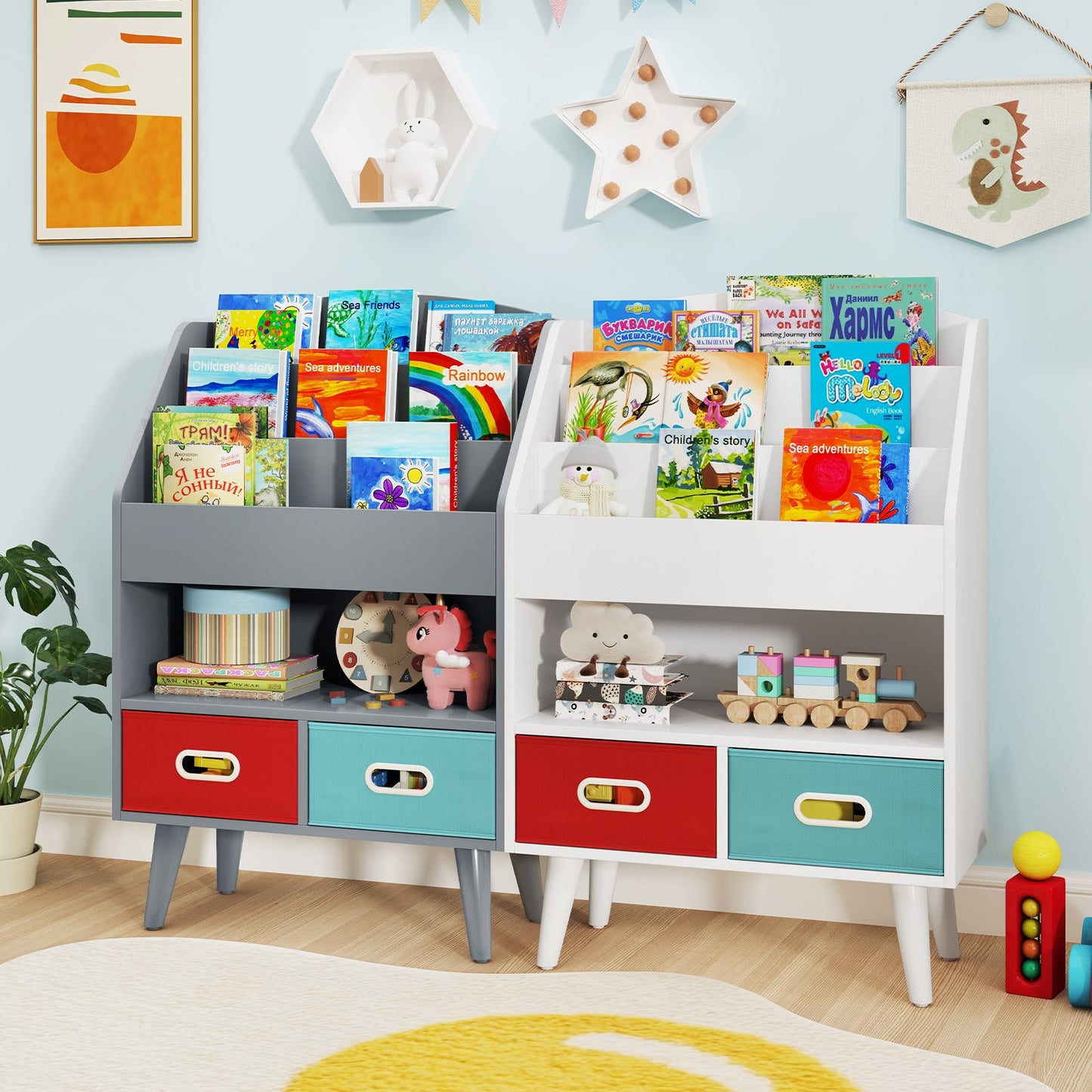Kids Bookshelf Book Display Rack with 3-Tier Bookshelves and 2 Drawers-Grey