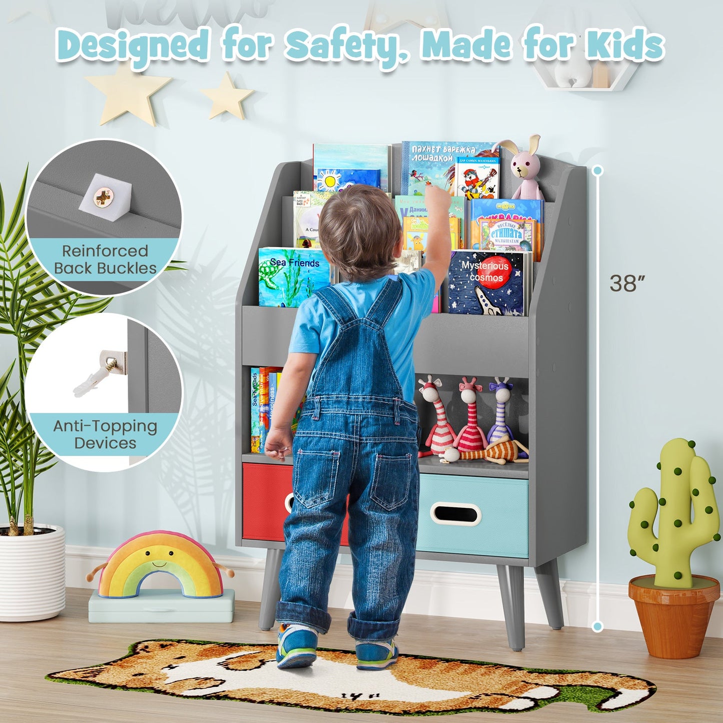 Kids Bookshelf Book Display Rack with 3-Tier Bookshelves and 2 Drawers-Grey