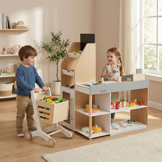 Kids Grocery Store Playset Wooden Pretend Play Supermarket with Shopping Cart-Natural