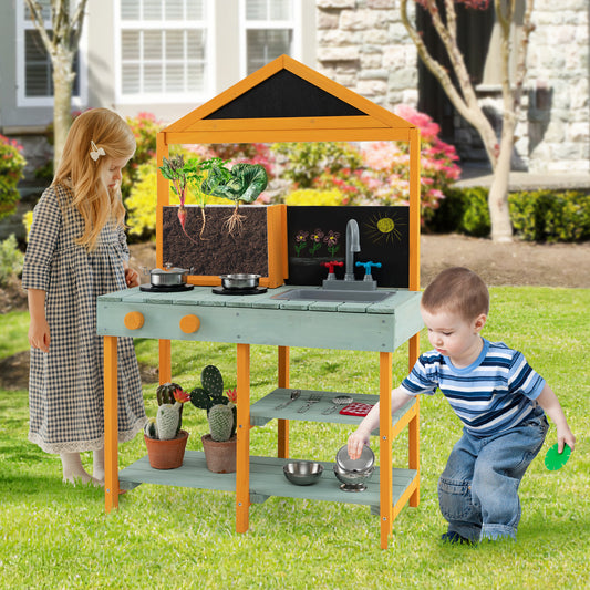 Kids Kitchen Playset with Root Viewer Planter Rotatable Faucet-green