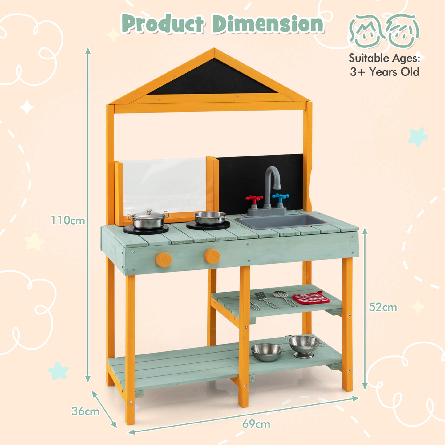 Kids Kitchen Playset with Root Viewer Planter Rotatable Faucet