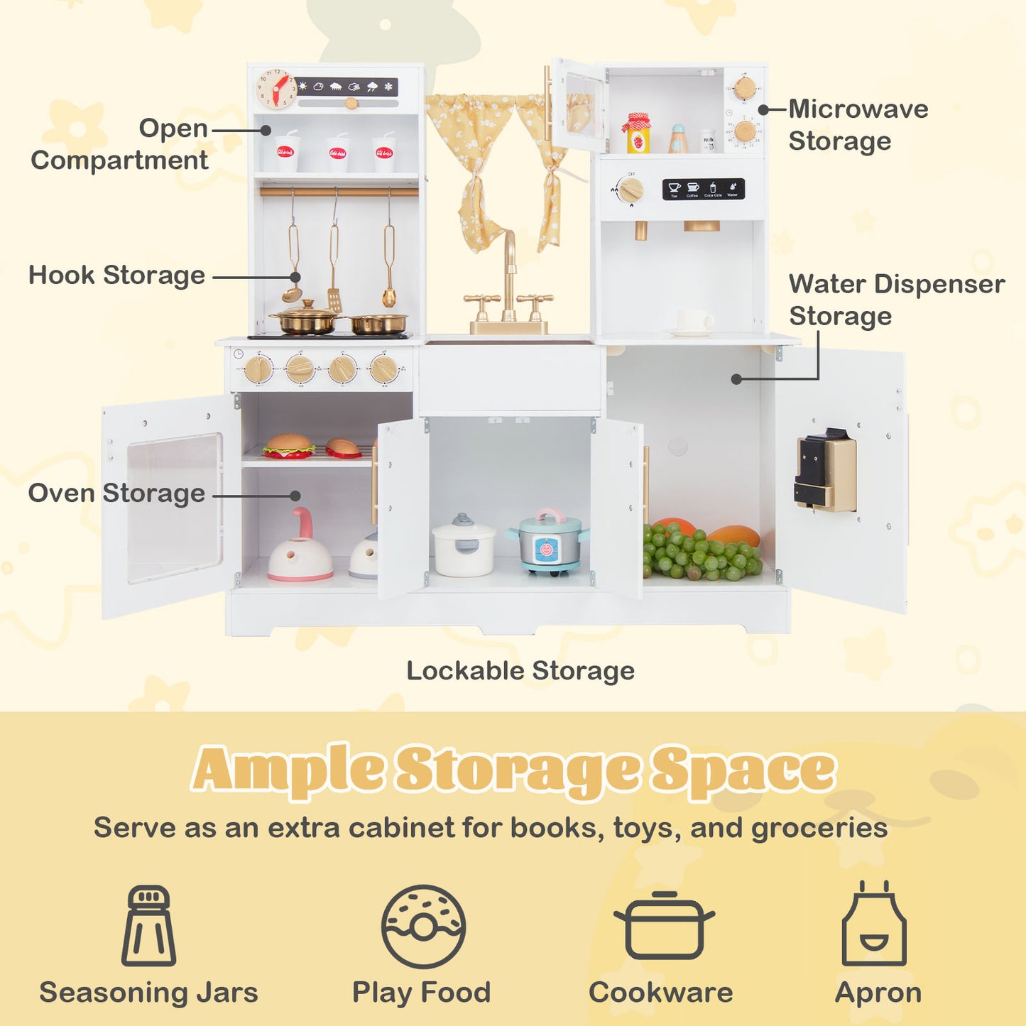 Kids Kitchen Playset with Coffee Maker and Stove Top and Golden Utensils-White