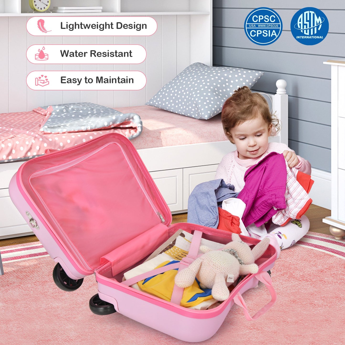 2 Pieces Kids Luggage Set with Spinner Wheels and Anti-Lose Rope-Pink