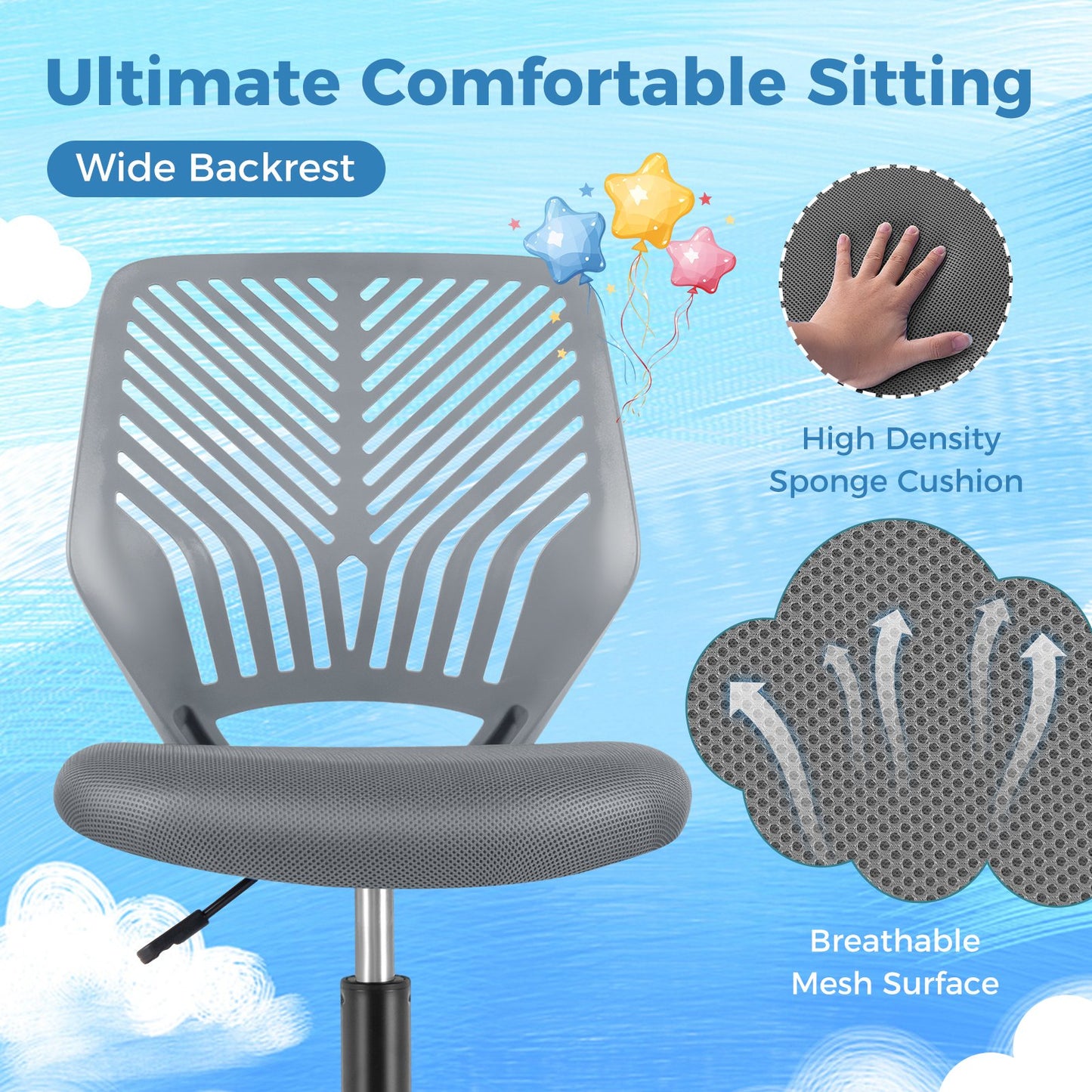 Height-adjustable Kids Mesh Ergonomic Desk Chair with Universal Casters-Grey
