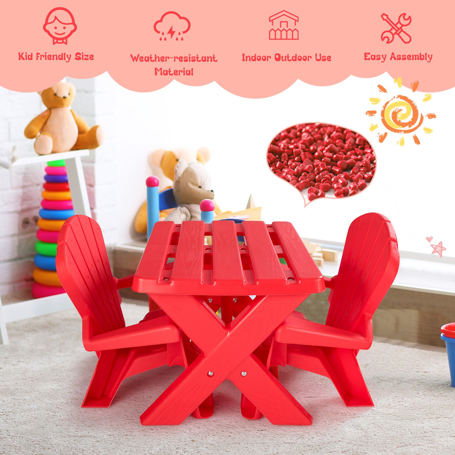 Kids Plastic Table with 2 Adirondack Chairs Set-Red