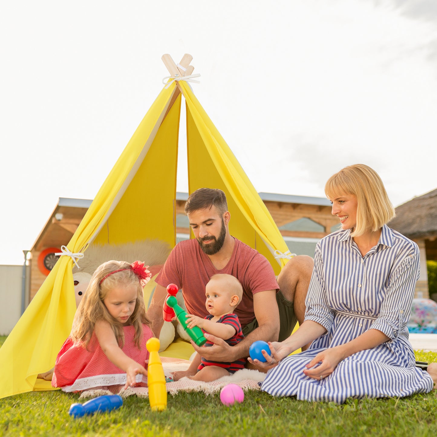Kids Large Triangular Playhouse Tent with Selected Pine Wood Material-Yellow