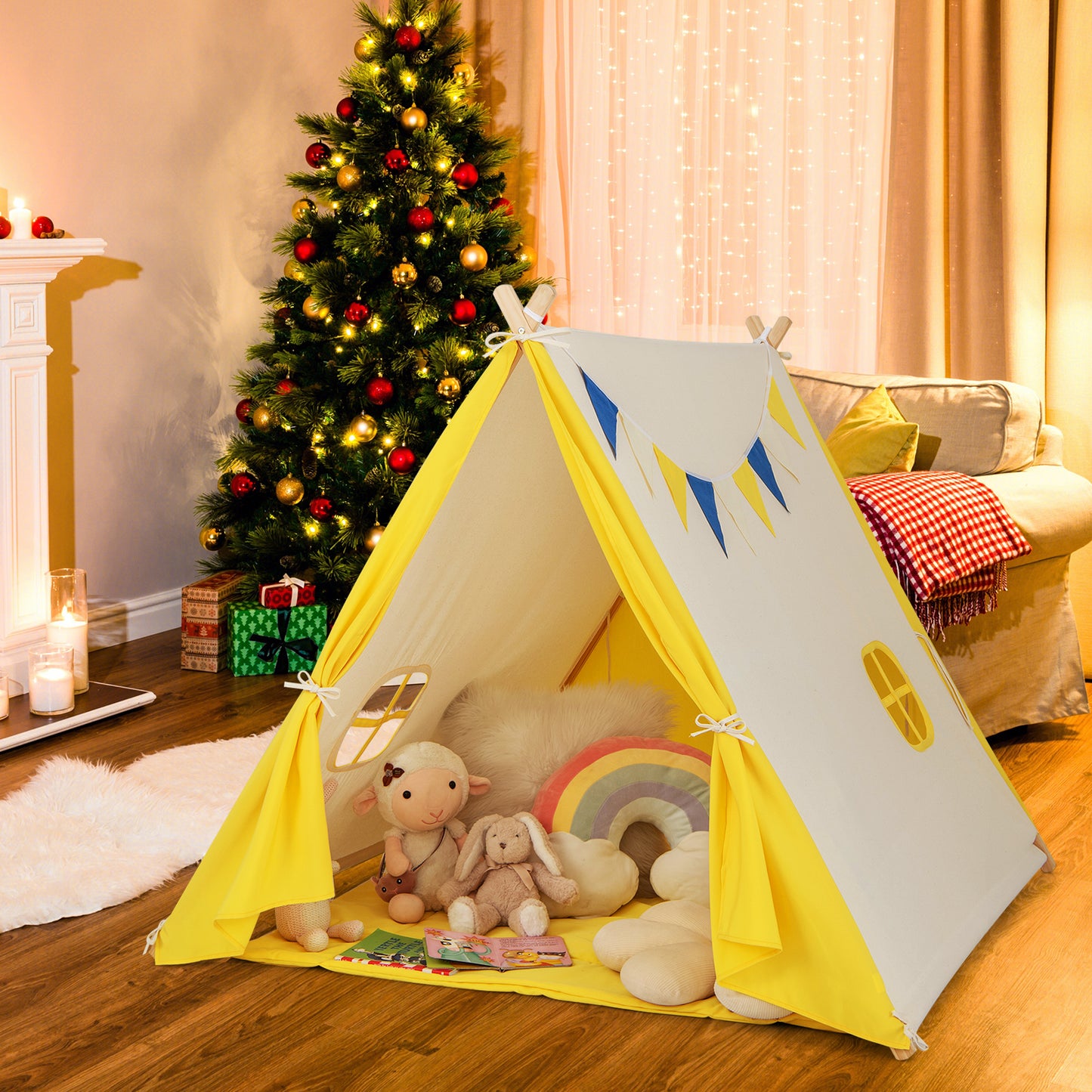 Kids Large Triangular Playhouse Tent with Selected Pine Wood Material-Yellow