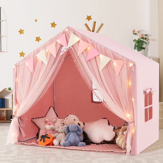 Kids Play Tent 3-4 Kids Large Play Tent House with Fabric and Screen Curtains-Pink