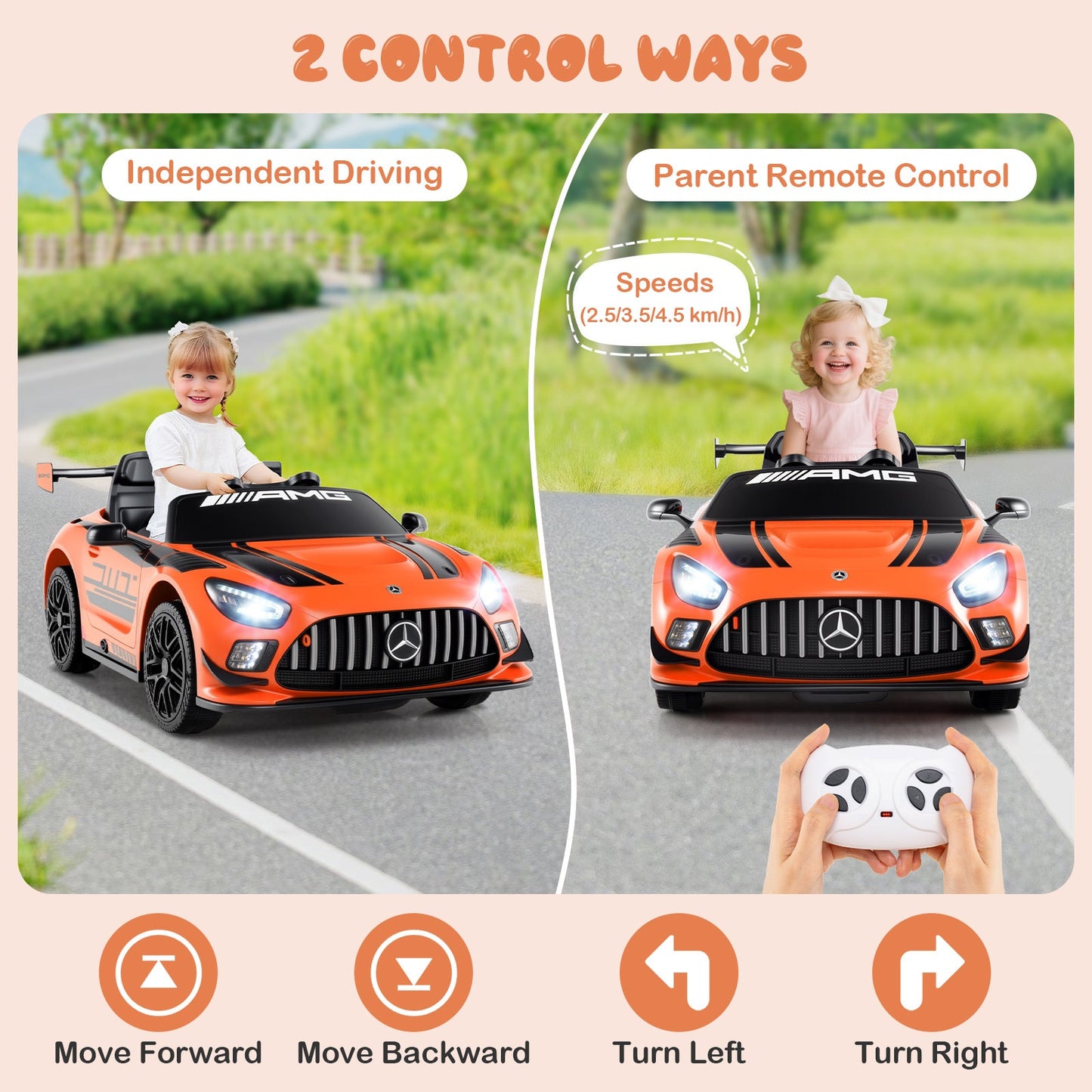 12V Kids Powered Ride on Car Benz GT3 with Spoiler and Remote Control-Orange