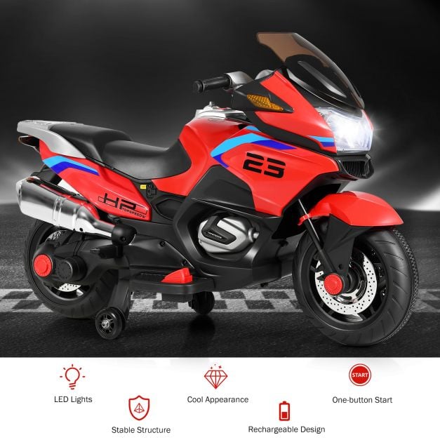12V Elektryczny Akumulatorowy Motocykl z Kółkami Treningowymi - Czerwony