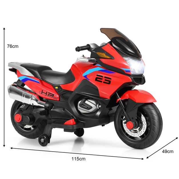 12V Elektryczny Akumulatorowy Motocykl z Kółkami Treningowymi - Czerwony
