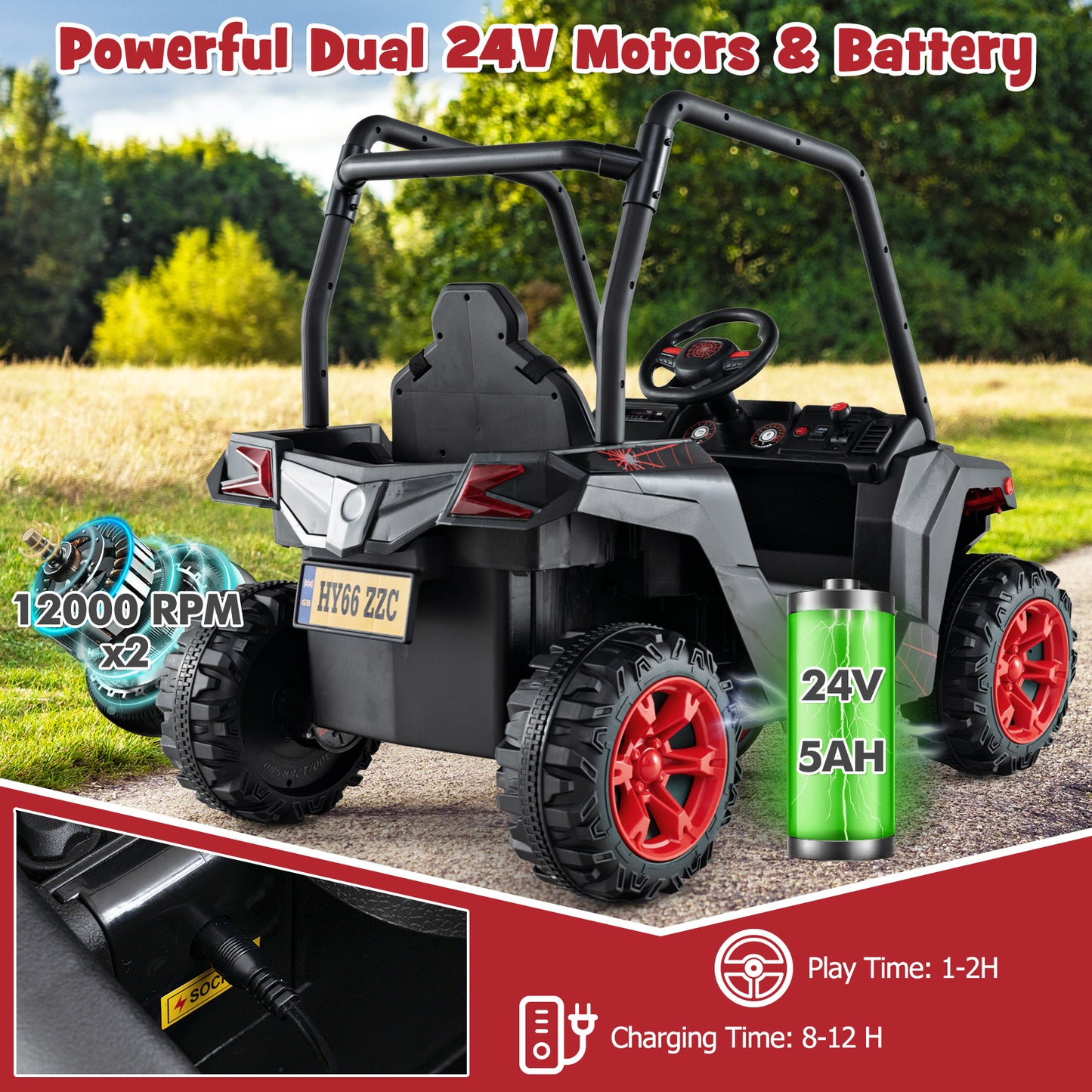 24V Kids Ride-on Car with 3 Adjustable Speeds-Black