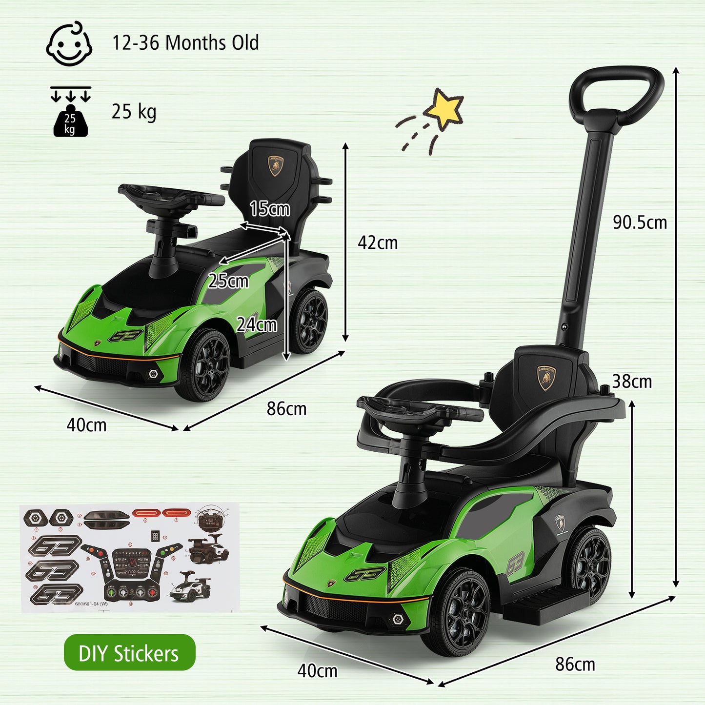 Kids Licensed Lamborghini Ride on Car with Push Handle-Green