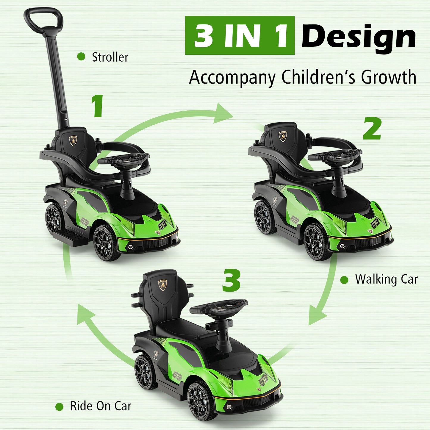 Kids Licensed Lamborghini Ride on Car with Push Handle-Green