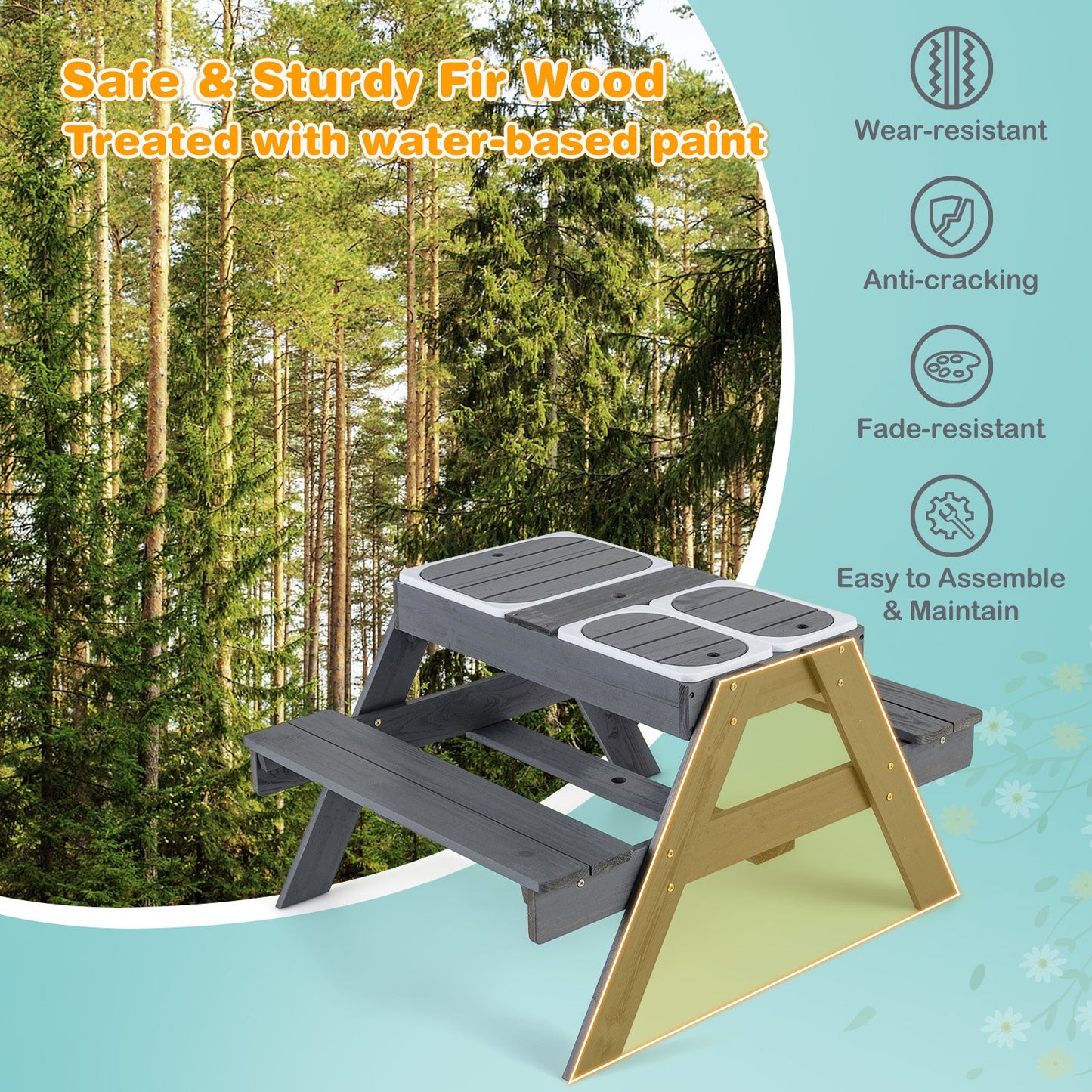 Kids 4-in-1 Sand and Water Table with Removable Boxes and Umbrella-Grey