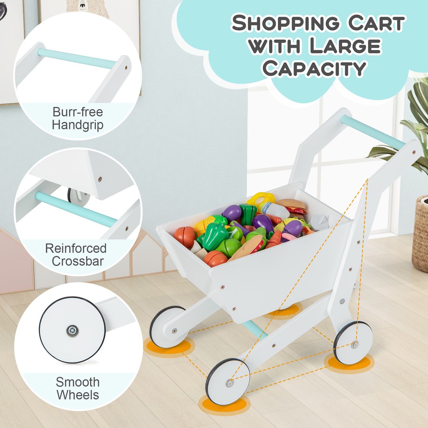 Kids Supermarket Shopping Set with Shopping Cart and Cash Register-White