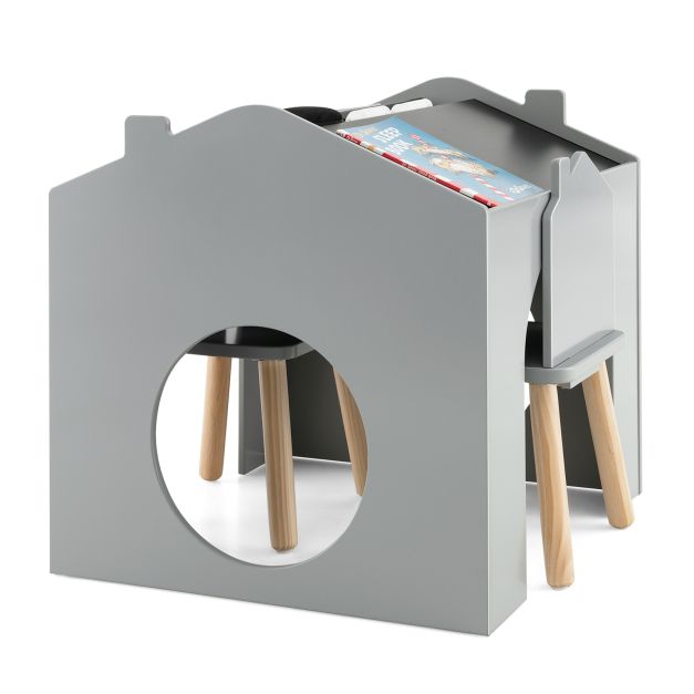 3 Pieces Wooden Kids Table and Chair Set with Chalkboards-Grey