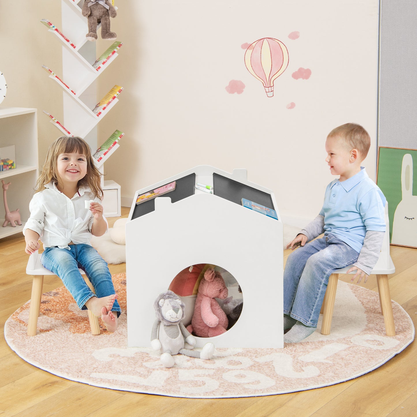 3 Pieces Wooden Kids Table and Chair Set with Chalkboards-White