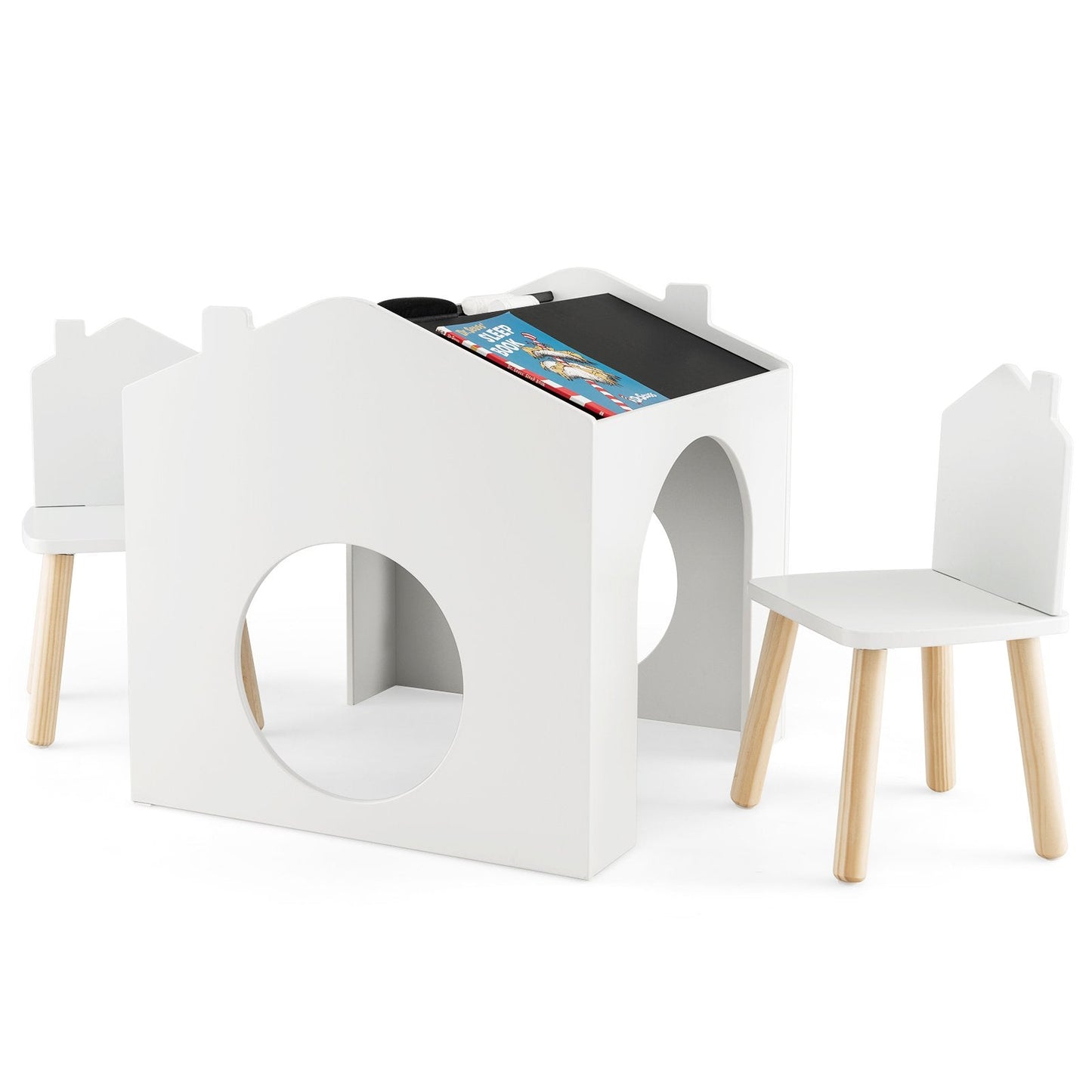 3 Pieces Wooden Kids Table and Chair Set with Chalkboards-White