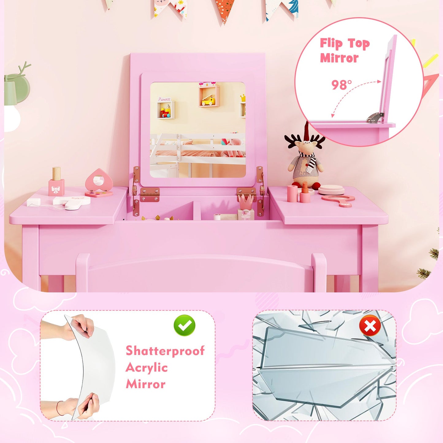 2-in-1 Kids Vanity Makeup Table and Chair Set with Flip Top Mirror-Pink