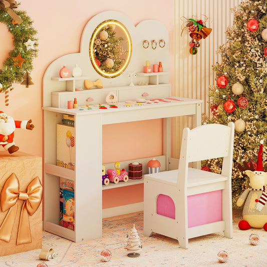 Kids Vanity with Lights Princess Vanity Table and Chair Set with 2 Drawers-White