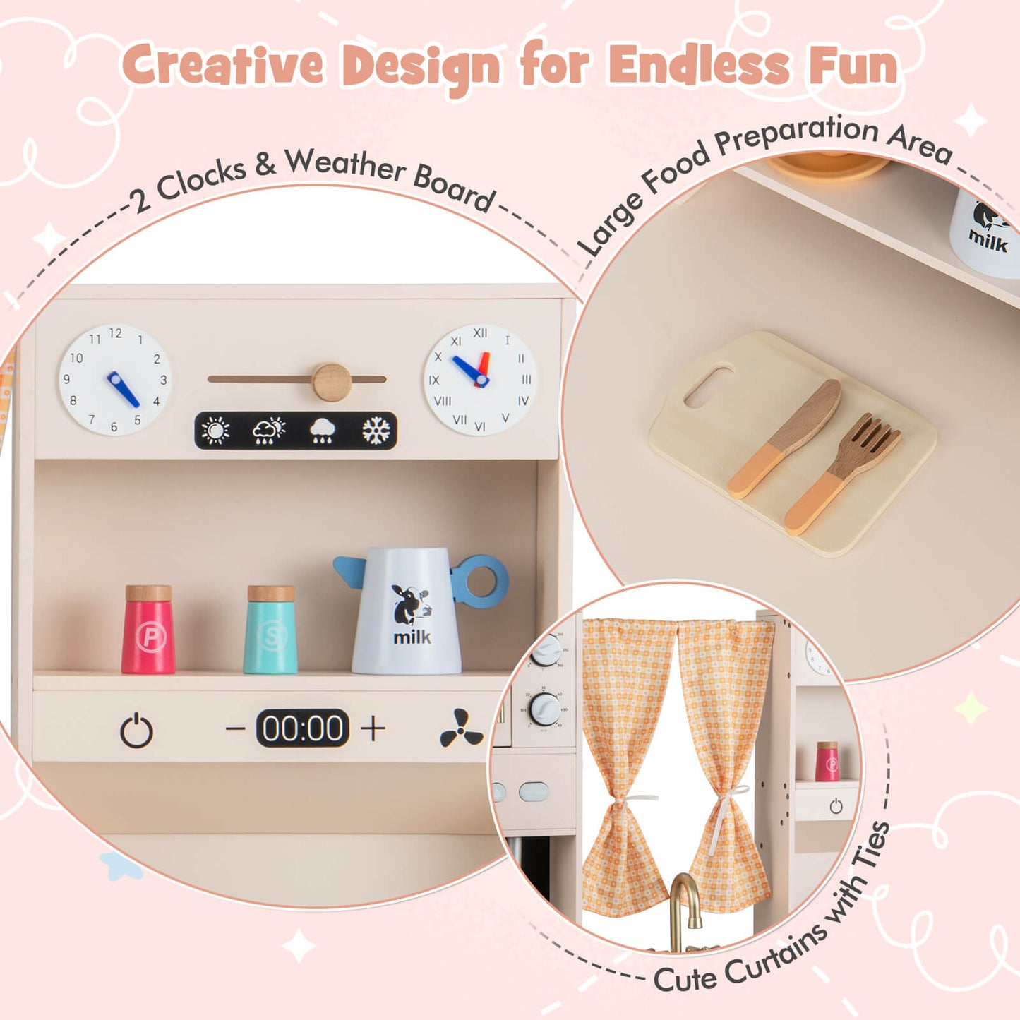 Kids Play Kitchen Wooden with Microwave and Ice Maker with Sounds-Pink